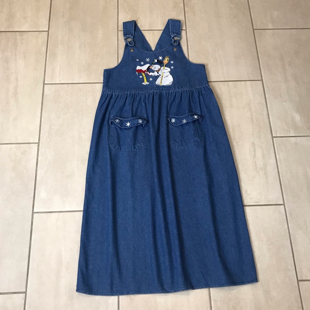Vintage 90s denim overall embroidered snowman snowflake Christmas maxi dress